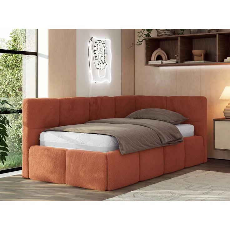 Jugendbett 90x200 ARVO Polsterbett mit Bettkasten, Stauraum & Gasdruckfeder, Modernes Design mit Kopfteil, Foam Matratze - Orange Plüsch - MIRO LUX - Rechts Seite – Bild 1