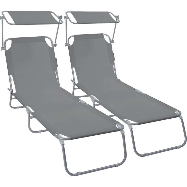 VOUNOT® 2er Set Sonnenliege Klappbar, Gartenliege mit Dach und 4-Fach Verstellbarer Rückenlehne, Leichte Strandliege für Garten, Terrasse, Camping, Pool & Strand, Grau