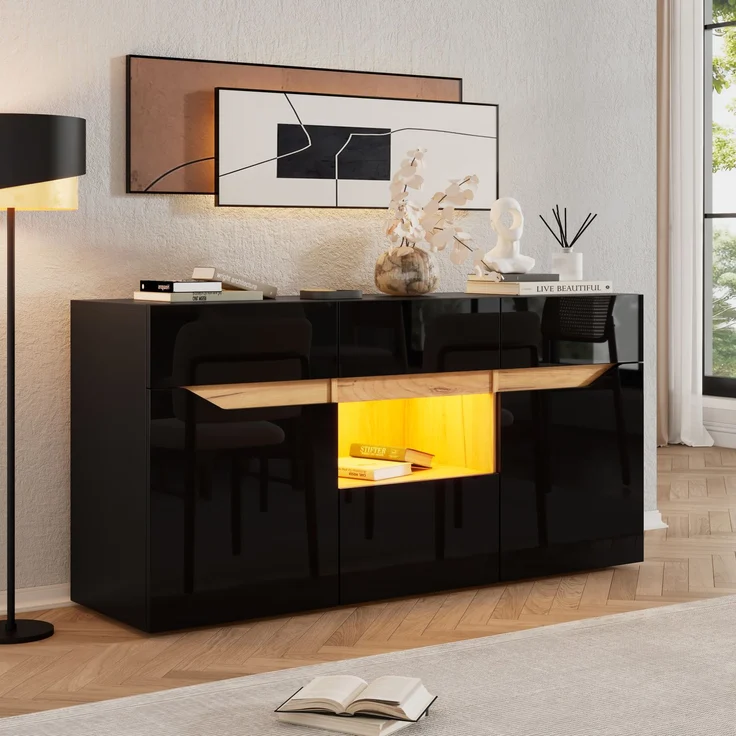 DESVIAE Sideboard mit 4 Schubladen und LED-Beleuchtung 140x70x40 cm Spanplatte Schwarz/Naturholz – Bild 3