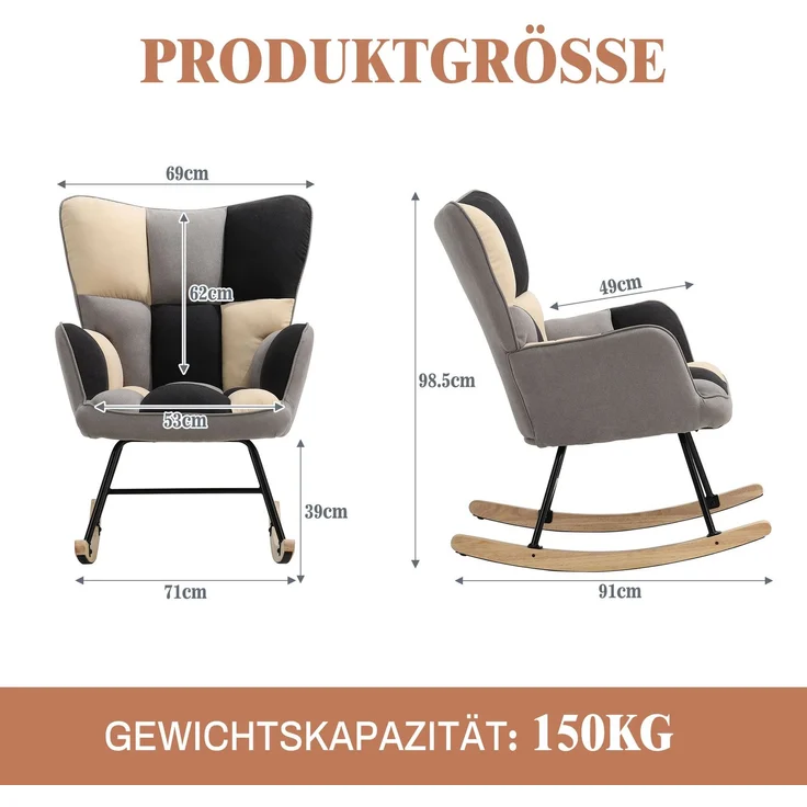 HOME NATURE WOHNKONZEPT Schaukelstuhl, gepolsterter Relaxsessel mit hoher Rückenlehne, Armlehnen und rutschfesten Füßen, für Wohnzimmer und Schlafzimmer, 71 × 49 × 98,5 cm, Schwarz-Weiß-Grau – Bild 2