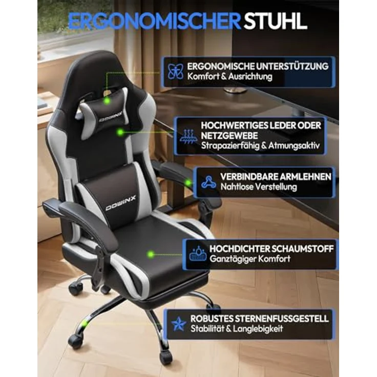 Dowinx Gaming Stuhl Bürostuhl Massage Gaming Sessel mit höhenverstellbaren Linkage-Armlehnen, ergonomischer Gamer Stuhl mit Fußstütze, gepolstert Gaming Chair 150° neigbar bis 180 kg, Weiß – Bild 6
