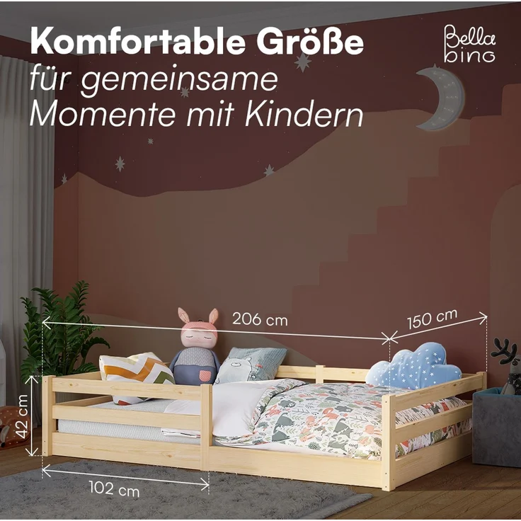 Bellabino 'Iskri' Bodenbett 140x200 cm, natur, Massivholz Kiefer, Montessori Kinderbett mit Rausfallschutz und Lattenrost – Bild 7