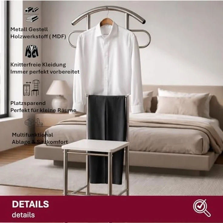 HOOZ Herrendiener Herrendiener mit Sitzfläche Kleiderbutler stummer Diener 52x40x120 cm, (Einzelprodukt, 1 St, Aufbewahrung), Kleiderständer mit Sitzfläche, platzsparend für kleine Räume – Bild 3