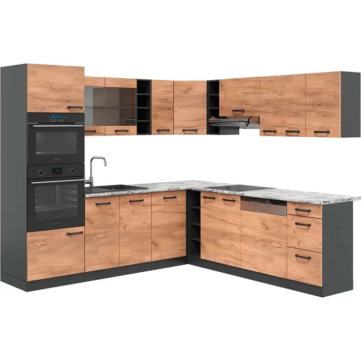 Eckküche R-Line Anthrazit/Goldkraft Eiche 247 x 237 cm, AP Marmor Vicco – Bild 1
