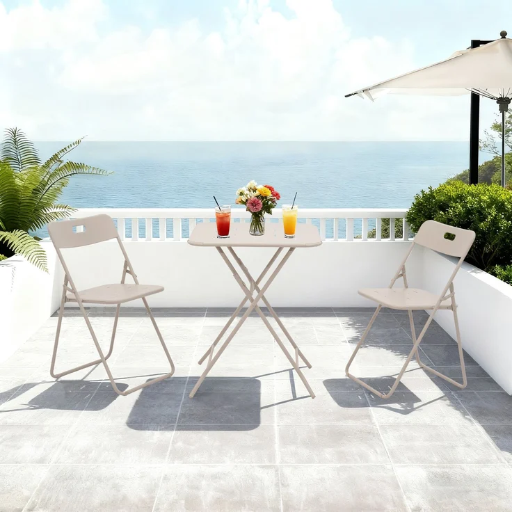 LVHOM Bistroset 3-tlg, Gartenmöbel-Set mit klappbaren Stühlen und Tisch, Balkonmöbel Set aus Stahl, wetterfeste Sitzgruppe, Beige – Bild 3