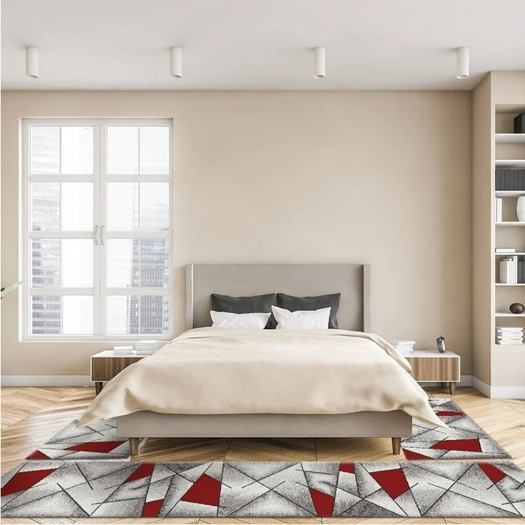oKu-Tex Bettumrandung 3 teilig, Läufer (67 x 340 cm) + Brücken (2 x 67 x 140 cm), Kurzflor, (Set 3 teilig, 3-tlg), Teppich Schlafzimmer Bettvorleger Set schmal gewebt rot meliert – Bild 2