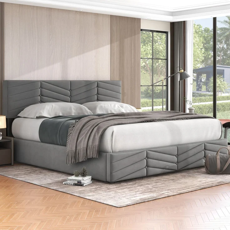 Novelux Polsterbett 180x200 cm mit Stauraum und Lattenrost – hydraulisches Samtbett in Grau, Doppelbett mit höhenverstellbarem Kopfteil – Bild 4