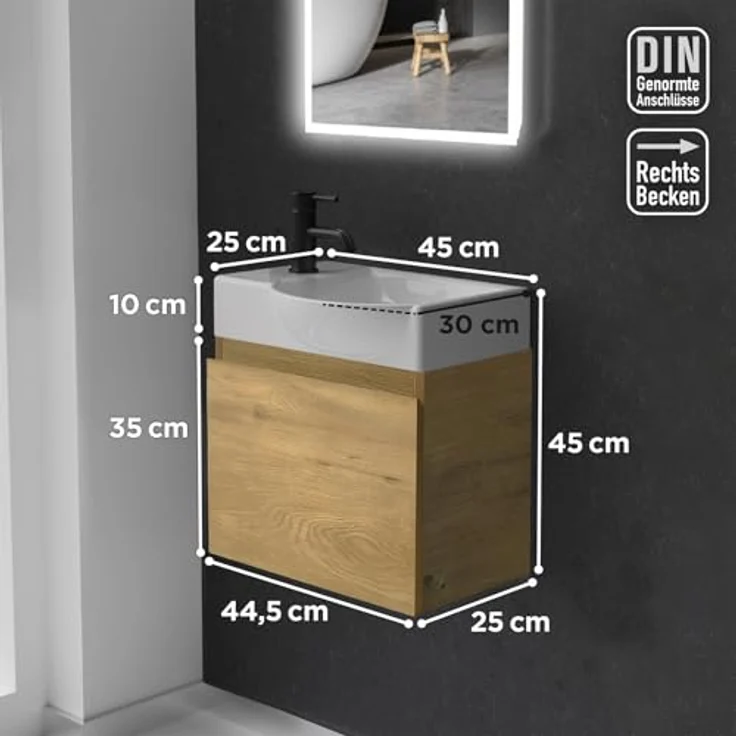 Alpenberger Badmöbel-Set - Gäste WC Waschbecken mit Unterschrank 45 cm Breit, (Badschrank 2-tlg, Waschtisch hängend), Waschbeckenunterschrank mit Softclose - Eiche Natur - Rechts Becken – Bild 7