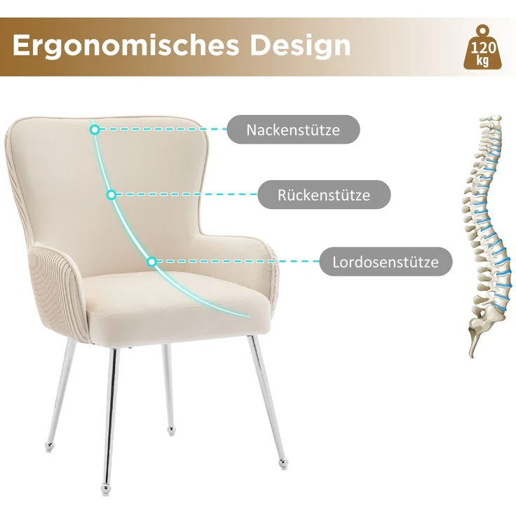 2er-Set Samt-Esszimmerstühle mit Armlehnen, beige/silber, 53x57x83 cm – Bild 4
