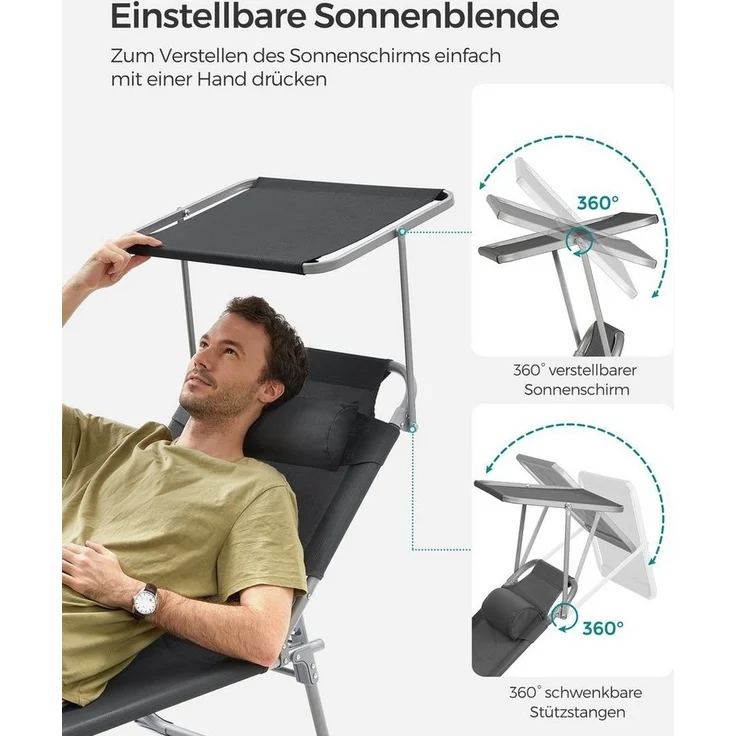 Songmics Gartenliege klappbar, mit Kopfstütze und verstellbarer Rückenlehne, 2x Sonnenliege, mit Seitentasche, Dunkelgrau, 29 x 193 x 53 cm – Bild 3
