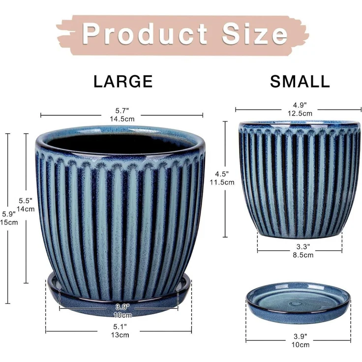 Übertopf 2er Set Keramik Drainageloch Untersetzer 15cm 13cm Blau – Bild 2