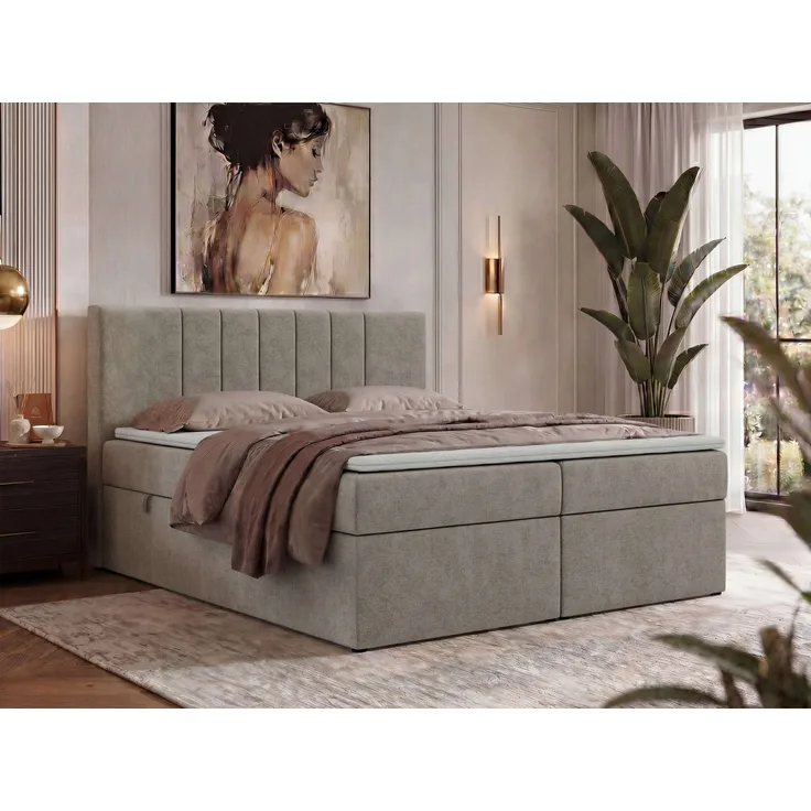 Boxspringbett INERO 140 x 200 mit Matratze H4 und Topper T25, 7-Zonen-Multipocket-Kern, zwei Bettkästen, Doppelbett, gepolstert Kopfteil - Greige Stukture
