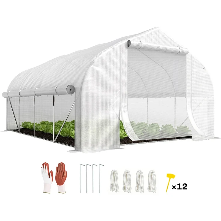 MELAYR, 12 m² Tunnelgewächshaus, Mit Tür und 8 Fenstern, PE-Folie (140 g/m²), 400 x 200 x 200 cm, weiß – Bild 1