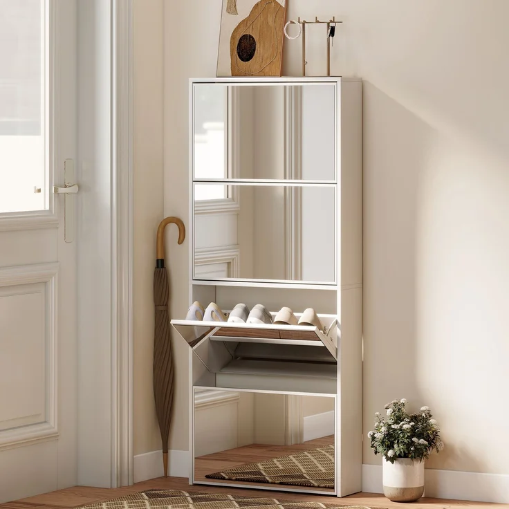 Spiegel-Schuhschrank mit 4 Türen und Kippschutz aus Holz, 63 x 17 x 146 cm, Weiß – Bild 3