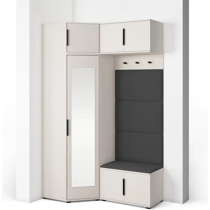 Garderoben-Set Napoli Version 19: Eckschrank mit Polsterpaneelen, Schuhschrank und Schrankaufsatz Flur und Eingangsbereich (Cashmere/Trinity 16), 229 x 70 x 140 cm – Bild 1