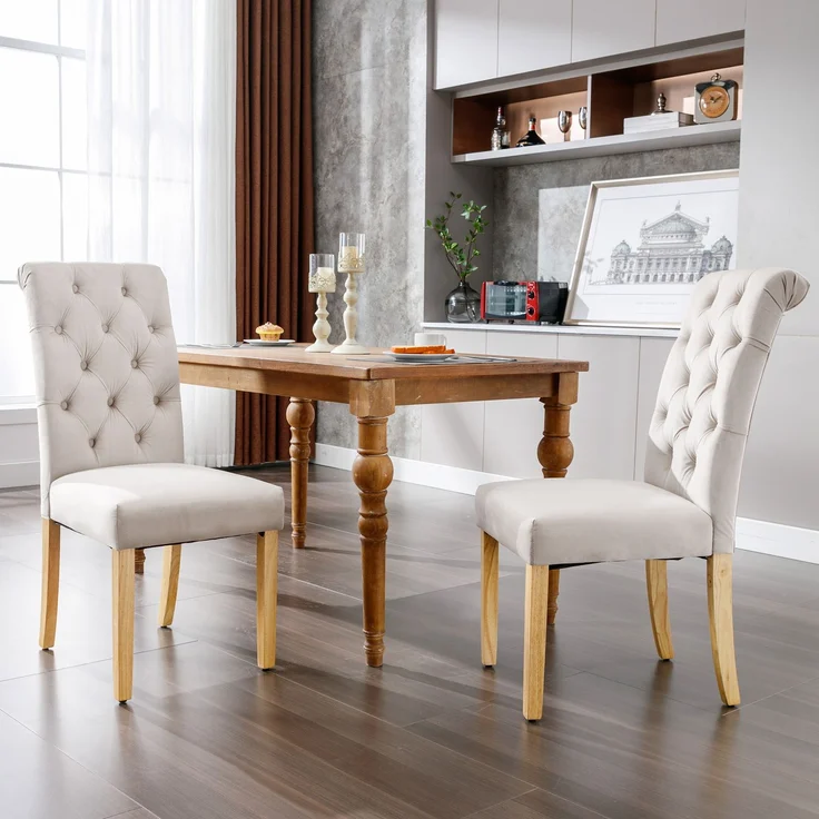 Esszimmerstühle, Samt, 6er Set mit Eichenbeinen & Knopfdetails, 100 x 63 x 43, Beige – Bild 2