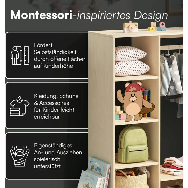 Bellabino 'Tea' Kindergarderobe, natur unbehandelt, Sperrholz Birke, 114x40x105 cm, Kinderkleiderschrank mit Kleiderstange und 6 Ablagefächern – Bild 3