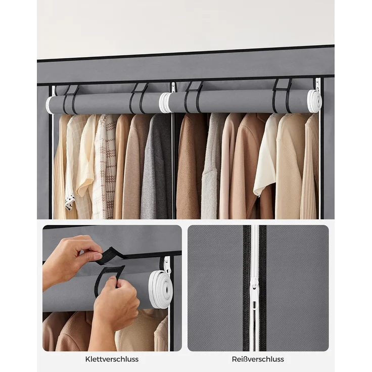 Songmics Stoffschrank, Kleiderschrank, 45 x 127 x 176 cm, 2 Hängefächer, mit Ablagen, 4 Seitentaschen, viel Platz, für Schlafzimmer, Wohnzimmer, grau RYG008G02 – Bild 9