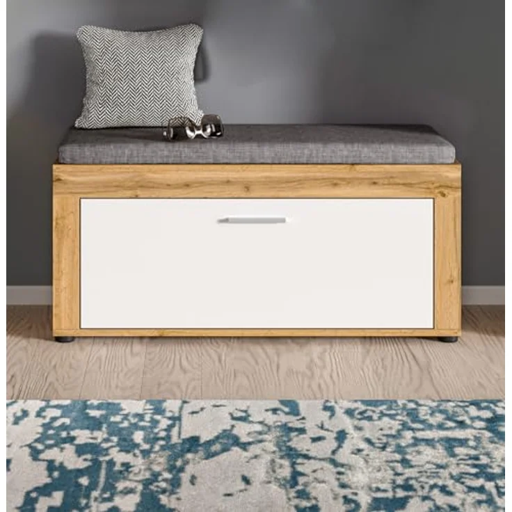 xonox. home Garderobe Jam X8BK6632 Sitzbank inkl. Sitzkissen Bank in Wotan Eiche Nb, weiß, ca. 100 x 44 x 35 cm – Bild 7