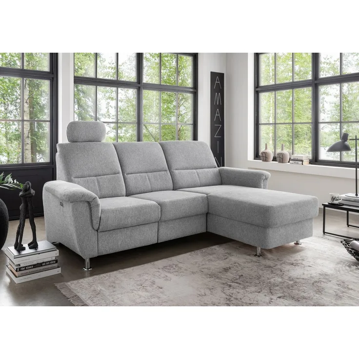 Ecksofa >Ludwigshafen< Motor-funktion, Kopfstütze, Stauraum, silber - 231x113x165 (BxHxT)