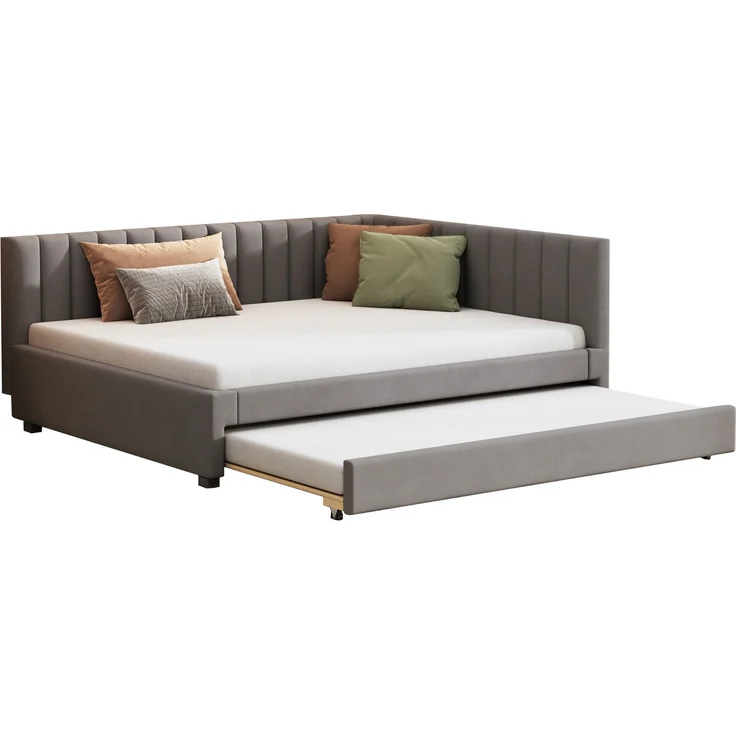 Merax Polsterbett 140*200, Ausziehbares Schlafsofa, Multifunktionsbett mit Lattenrost, Jugendbetten Kinderbetten Gästebetten, Samtstoff Grau – Bild 10