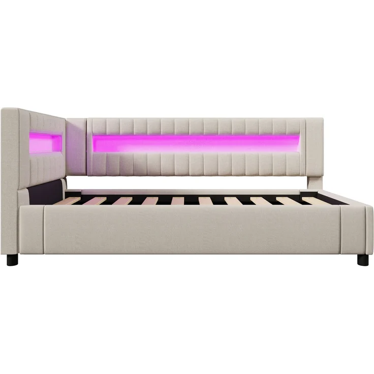 Rayofly-Leinen Daybett H200cm x T90cm x B90cm, Tagesbett Schlafsofa, LED-Lichtleiste am Fußende, hydraulischer Stauraum, USB & Type-C Anschluss, ohne Matratze, Beige – Bild 10