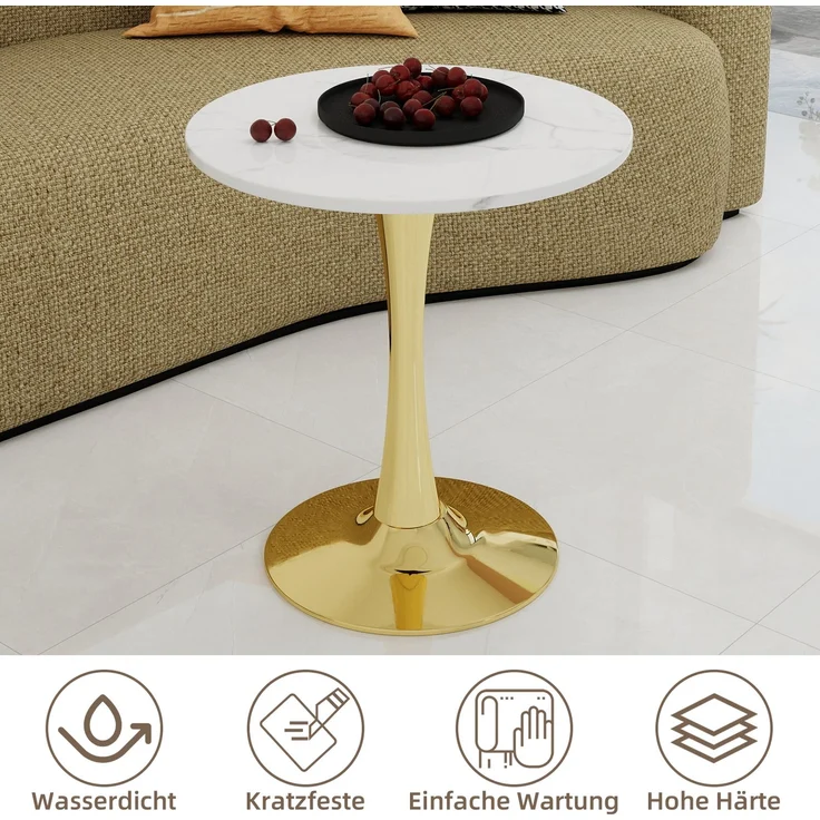 Novelux Couchtisch Gold Marmor Optik Rund 70 cm – Mid-Century Modern Esstisch für 2-4 Personen, Weißes Marmordekor – Bild 5