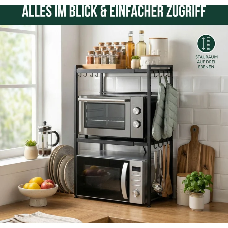 eluno 3-stufiges Mikrowellenregal, ausziehbares Küchenregal, aus schwarzem Metall – Bild 3
