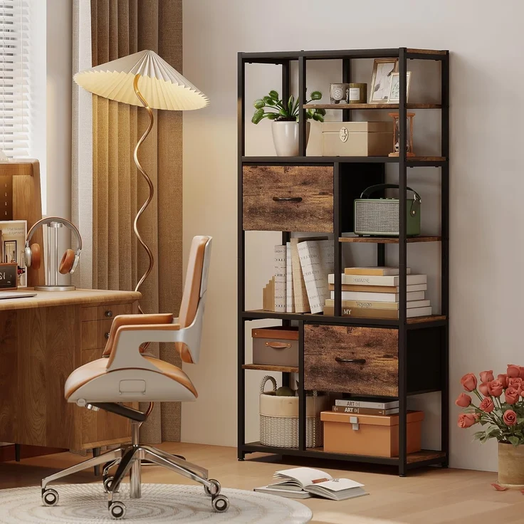 HOMCOM Standregal Bücherregal mit 2 Stoffschubladen, 9 offenen Fächern, Aufbewahrungsregal 1-tlg, für Büro, Wohnzimmer, Schlafzimmer, 72,5x30x150 cm, Rustikal-Braun – Bild 7