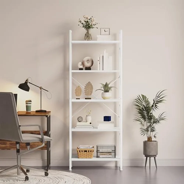 YITAHOME Bücherregal mit 5 Ebenen, freistehendes Bücherregal, Holzregal und Metallrahmen, Aufbewahrungsregal für Wohnzimmer, Heimbüro – reines Weiß – Bild 5