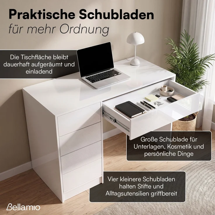 Bellamio 'Livny' Set aus Schreibtisch und Wolkenstuhl, mit 5 Schubladen, beidseitig montierbar, 80x53x110 cm, Computertisch mit Stauraum, Bürotisch mit Push-to-open, geeignet als Schminktisch, weiß hochglanz – Bild 2