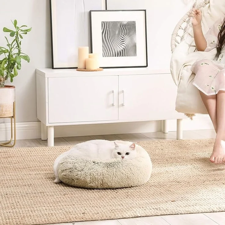 Feandrea Hundebett flauschig, Katzenbett, Donut Kissen, waschbar, Polsterung in der Mitte herausnehmbar, langer Plüsch, 50 cm Durchmesser, Ombré-Khaki – Bild 2