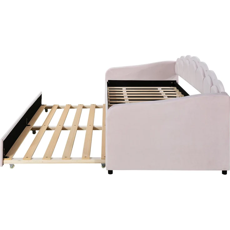 Ausziehbett 90/190–200×200 cm mit LED-Rückenlehne, Samt in Rosa, ohne Matratze – Bild 9