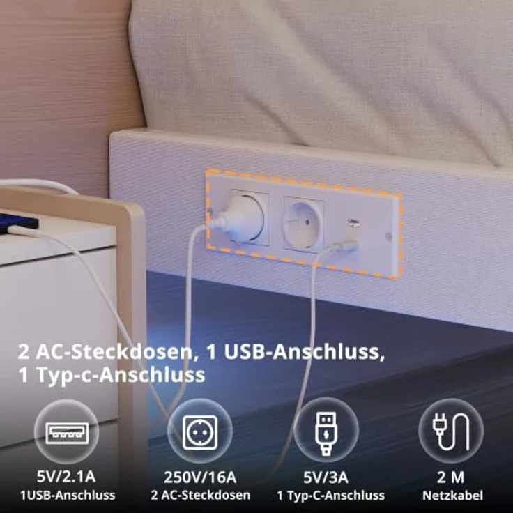 IRONCK Bettgestell 140x200 cm, Schwebender Bett mit LED Beleuchtung, Gepolsterte Seitenwände, 2 AC-Steckdosen, 2 USB-A-Anschluss, 1 USB-C-Anschluss, Metallbett mit Lattenrost Doppelbett, Weiß – Bild 2