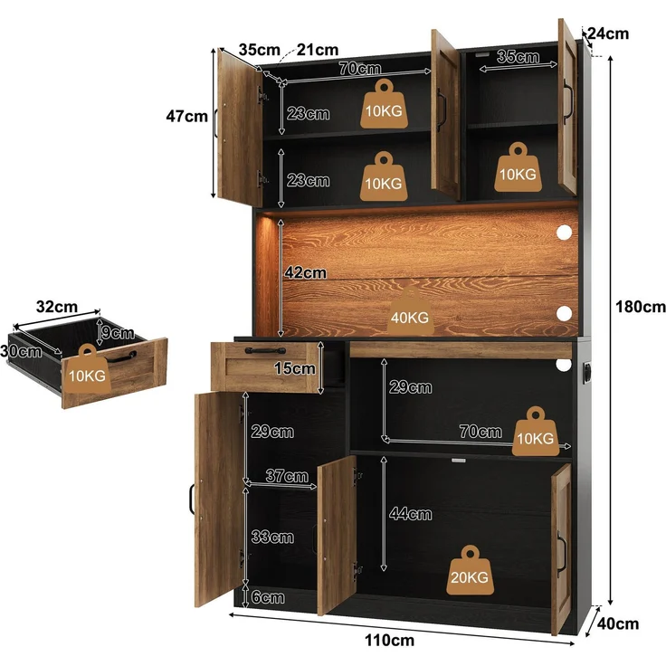 Küchenschrank 110 x 40 x 180 cm mit RGB-LED-Beleuchtung und Stauraum – Natur und Schwarz – Bild 4