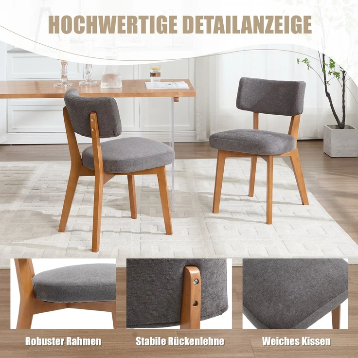LVHOM 2er Set Esszimmerstühle Leinenstoff, Polsterstuhl aus Massivholz, belastbar bis 200 kg, Stuhl für Esszimmer, Homeoffice & Wohnzimmer, Grau – Bild 5