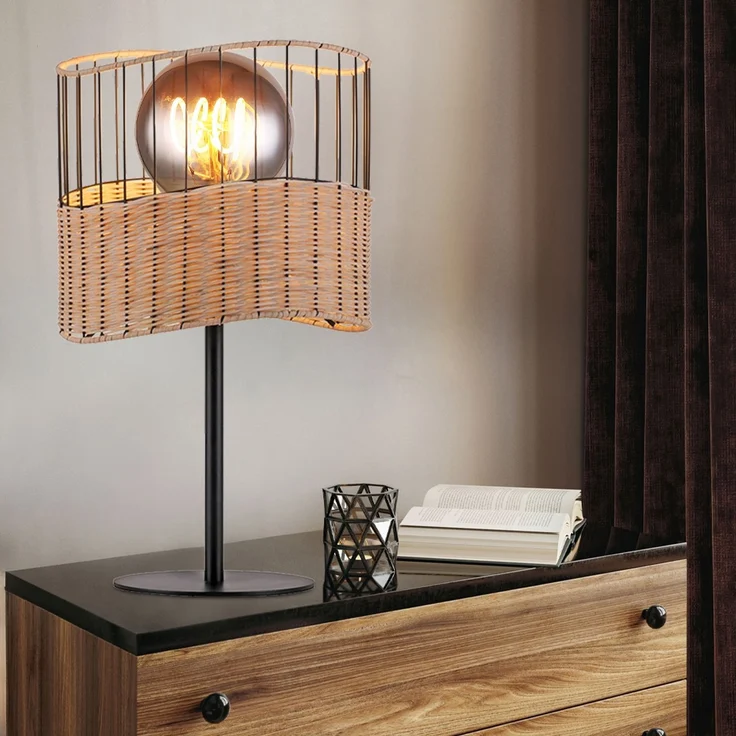 LED Tischleuchte, Metall, schwarz, Holzgeflecht, E27, H 42 cm – Bild 2