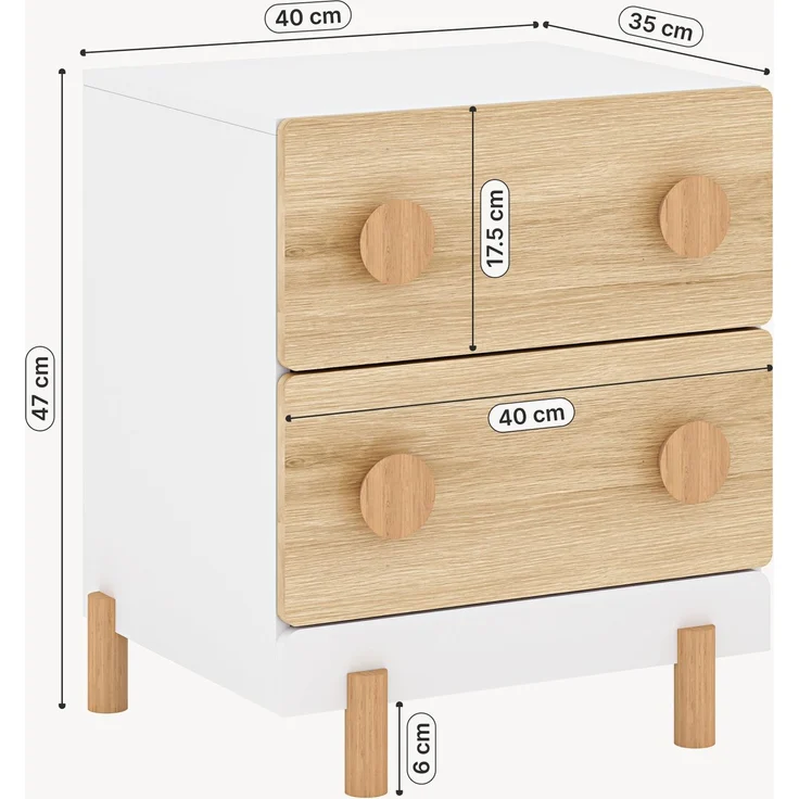 Kindernachttisch Vaarentaa mit 2 Schubladen 47x40x35 cm Weiß/Eicheoptik [en. casa] – Bild 2