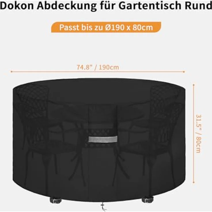 Dokon Gartenmöbel Abdeckung Wasserdicht Schwerlast 600D Oxford Gewebe Gartentisch Abdeckplane Winterfest Winddicht UV Beständiges Schutzhülle für Loungemöbel Möbelsets Sitzgruppe Rund (Ø190x80 cm) – Bild 3