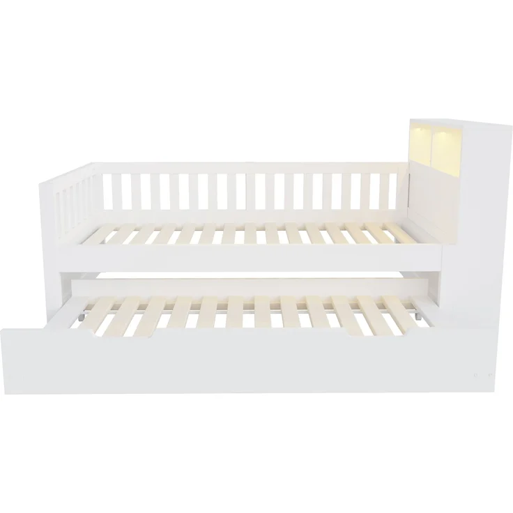 Merax Einzelbett, Multifunktionales Holzbett 90 × 200 cm, Mit Ausziehbarem Bett, Ablage und Staufach, Ausgestattet Mit Steckdose und LED-Beleuchtung, Sicherheitsgitter, Weiß – Bild 7