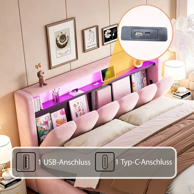Polsterbett 180×200 cm mit hydraulischem Bettkasten, LED & USB/Typ-C, Rosa, ohne Matratze – Bild 8