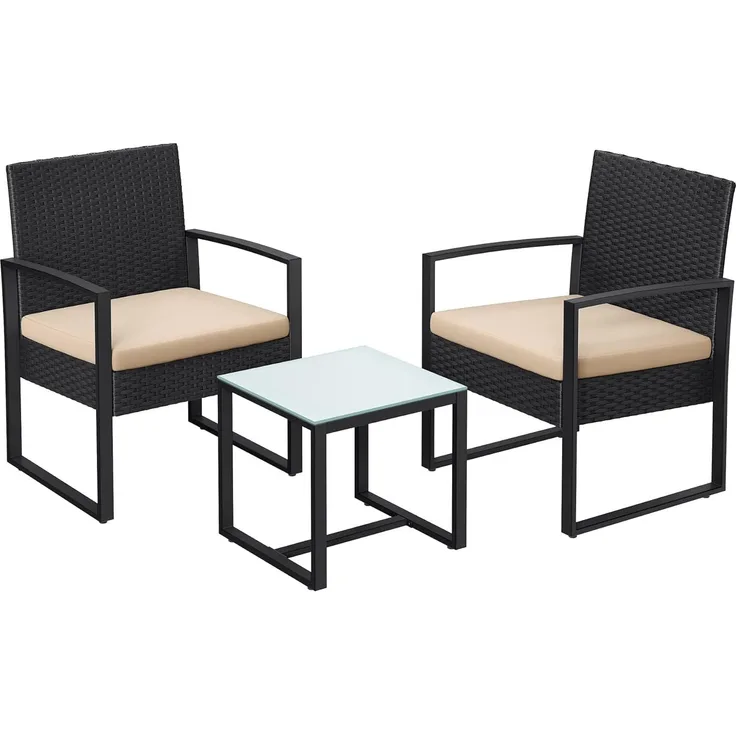 Songmics Balkonmöbel-Set, PE-Polyrattan schwarz/beige