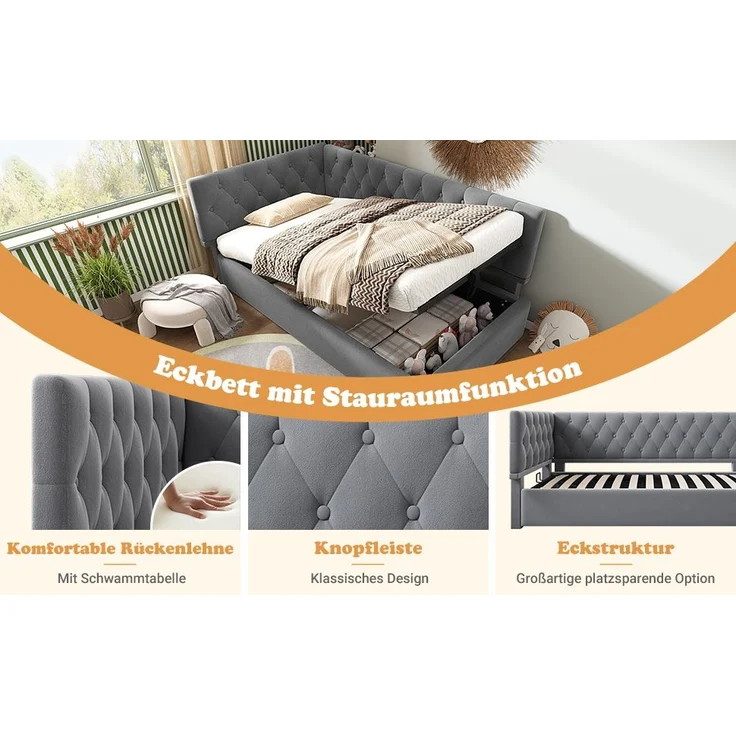 Schlafsofa L-Form Grau Samt Stauraum Hydraulisch 90x190 cm Beige Rosa Kopfteil beidseitig montierbar – Bild 5