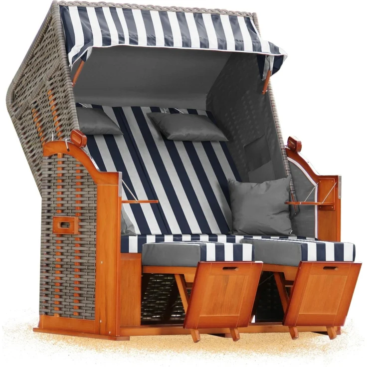Strandkorb Hanse Ostsee Klassik XXL 2 Sitzer - Blau Weiß Blockstreifen – Bild 2