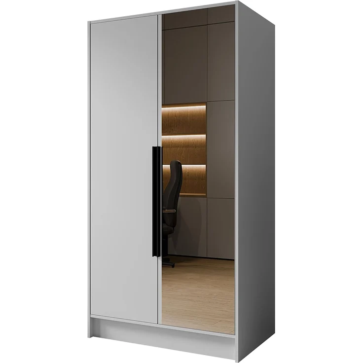 MEBLINI Kleiderschrank LUSINDA 100cm - Weiß Matt - mit schwarzen Griffen - Drehtürenschrank mit einem Spiegel - Kleiderstangen und Regalböden – Bild 1