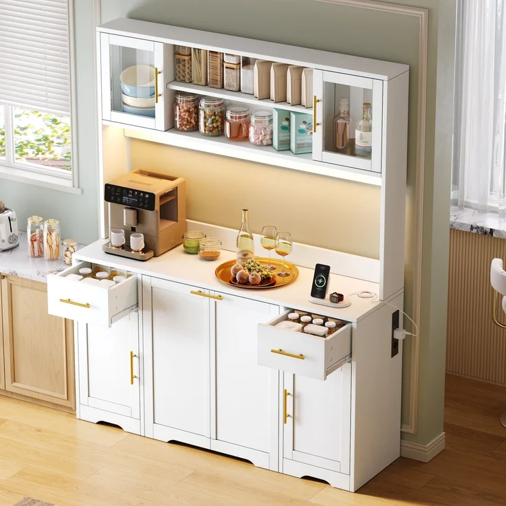 Küchenschrank, hoher Stauraumschrank mit Arbeitsplatte und Schubladen, Doppel-Mülleimerschrank mit ausziehbaren Abfalleimern, Vitrine für Wohnzimmer und Esszimmer, 173 × 140× 40 cm, Weiß--Weiß--140x40x173cm--YOUDENOVA – Bild 8