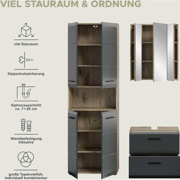 Badkombination (B/H/T: 135x185x30 cm) in schwarz matt und Nox Oak Nachbildung – Bild 9