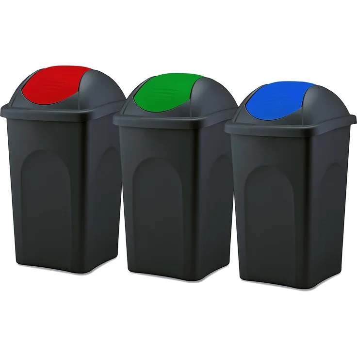 BigDean 3x Mülleimer groß 60L - schwarz - mit Schwingdeckel rot, grün & blau - aus Kunststoff - Müllsammler Abfalleimer Mülltonne Abfallbehälter - Made in Italy