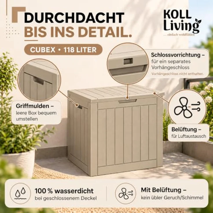 Koll Living Gartenbox Cubex, 118 Liter, witterungsbeständig, pflegeleicht, quadratisch, Beige – Bild 7