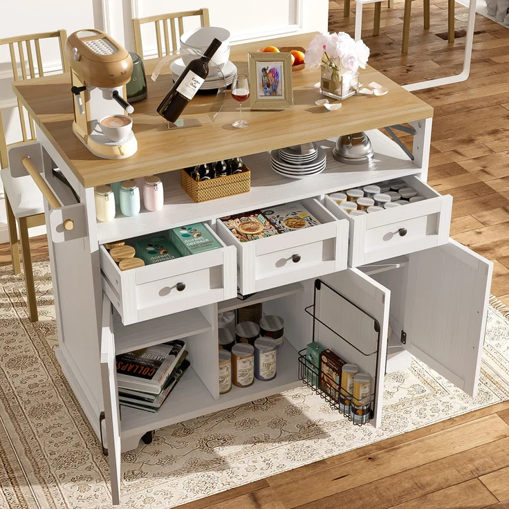 Kücheninsel 118x43-80x98 cm, weißer Küchenwagen mit klappbarer Holzoptik-Arbeitsplatte und Metallrahmen, 98cmx118cmx43-80cm – Bild 3